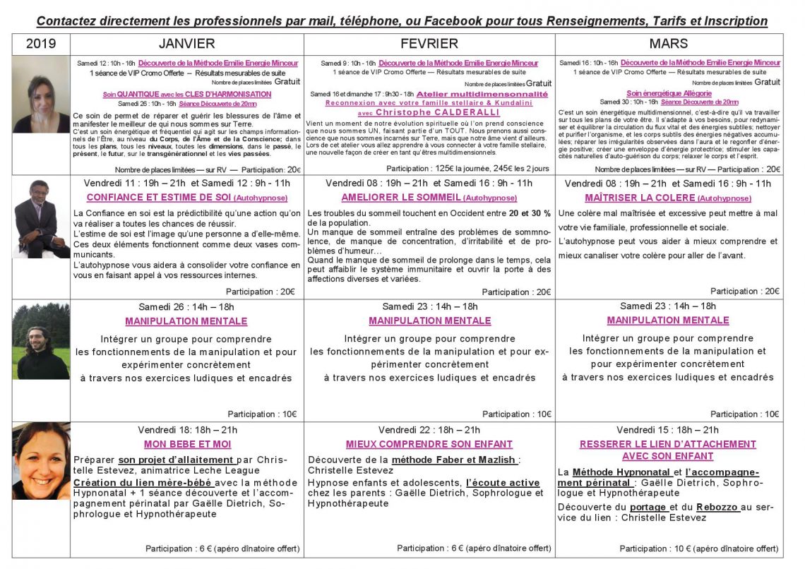les ateliers du 1er trimestre 2019