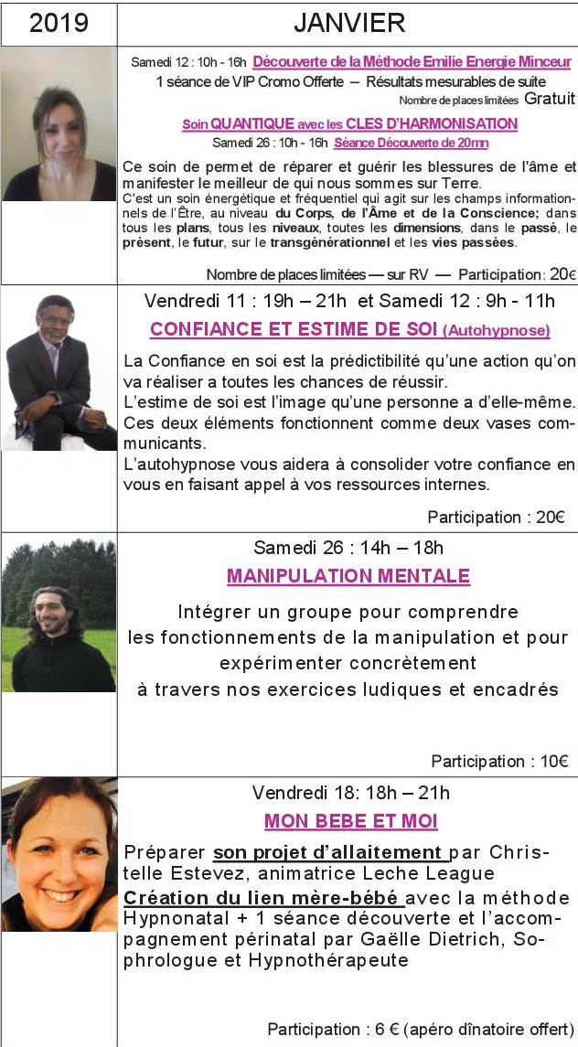LES ATELIERS DU MOIS DE JANVIER 2019