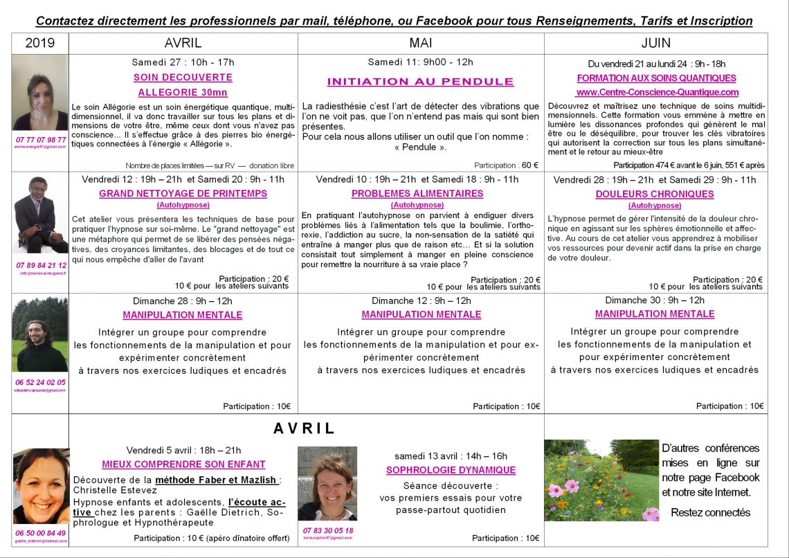 ATELIERS – CONFERENCES – INITIATIONS – 2019 TRIM 2