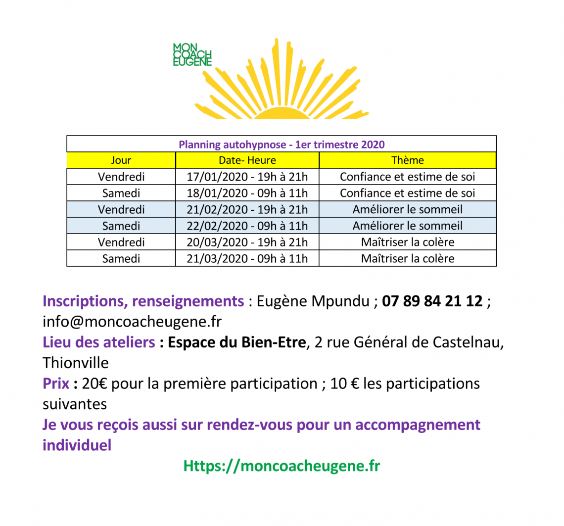 Planning des ateliers d’autohypnose pour le 1er trimestre 2020